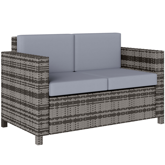 Outsunny 2 Seater Garden Furniture, Rattan Sofa with Soft Padded Cushion and Armrests, Wicker Garden Loveseat for Patio, Mixed Grey - image 1