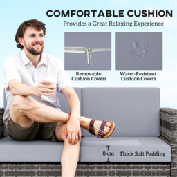 Outsunny 2 Seater Garden Furniture, Rattan Sofa with Soft Padded Cushion and Armrests, Wicker Garden Loveseat for Patio, Mixed Grey - thumbnail 5