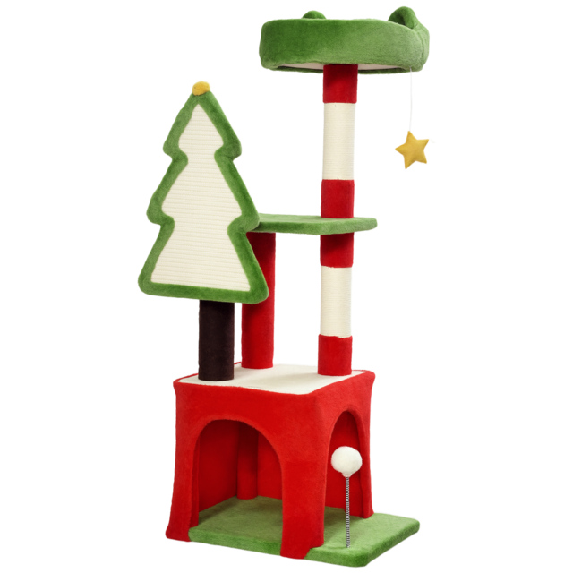 PawHut Christmas Cat Tree, 120cm Cat Tower with Scratching Post & Board, Platform, Toys, Green - image 1