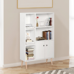 HOMCOM Open Bookcase Storage Cabinet Shelves Unit Free Standing w/ Two Doors Wooden Display White - thumbnail 2