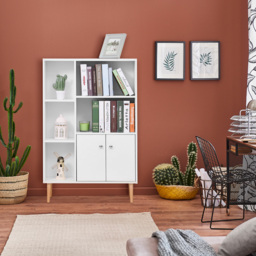HOMCOM Open Bookcase Storage Cabinet Shelves Unit Free Standing w/ Two Doors Wooden Display White - thumbnail 7