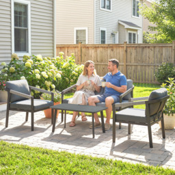 Outsunny Aluminium Garden Furniture Set, 4 Seater Outdoor Patio Furniture with Loveseat, 2 Armchairs, Slatted Table - thumbnail 9