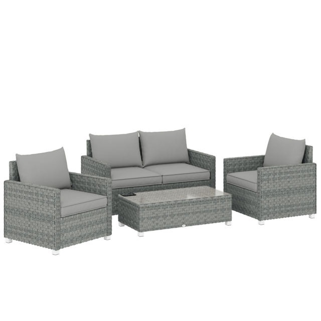 Outsunny 4 Piece Rattan Garden Furniture Set with Loveseat, 2 Armchairs, Glass-Top Table, Wicker Patio Conversation Set, Grey - image 1