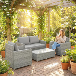 Outsunny 4 Piece Rattan Garden Furniture Set with Loveseat, 2 Armchairs, Glass-Top Table, Wicker Patio Conversation Set, Grey - thumbnail 9