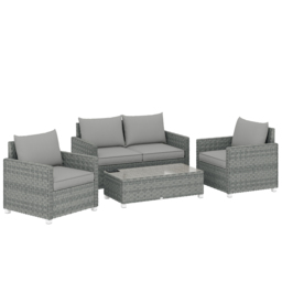 Outsunny 4 Piece Rattan Garden Furniture Set with Loveseat, 2 Armchairs, Glass-Top Table, Wicker Patio Conversation Set, Grey - thumbnail 1