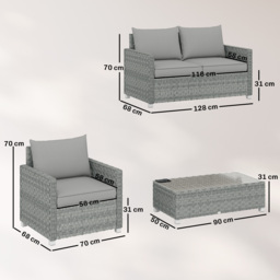 Outsunny 4 Piece Rattan Garden Furniture Set with Loveseat, 2 Armchairs, Glass-Top Table, Wicker Patio Conversation Set, Grey - thumbnail 3