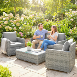Outsunny 4 Piece Rattan Garden Furniture Set with Loveseat, 2 Armchairs, Glass-Top Table, Wicker Patio Conversation Set, Grey - thumbnail 8