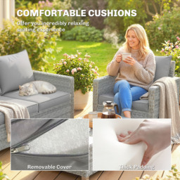 Outsunny 4 Piece Rattan Garden Furniture Set with Loveseat, 2 Armchairs, Glass-Top Table, Wicker Patio Conversation Set, Grey - thumbnail 6