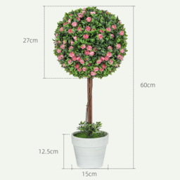 HOMCOM Set of 2 Decorative Artificial Plants, Ball Topiary Tree with Rose Flower in Pot, Fake Plants for Home Indoor Outdoor Decor, 60cm, Pink - thumbnail 3