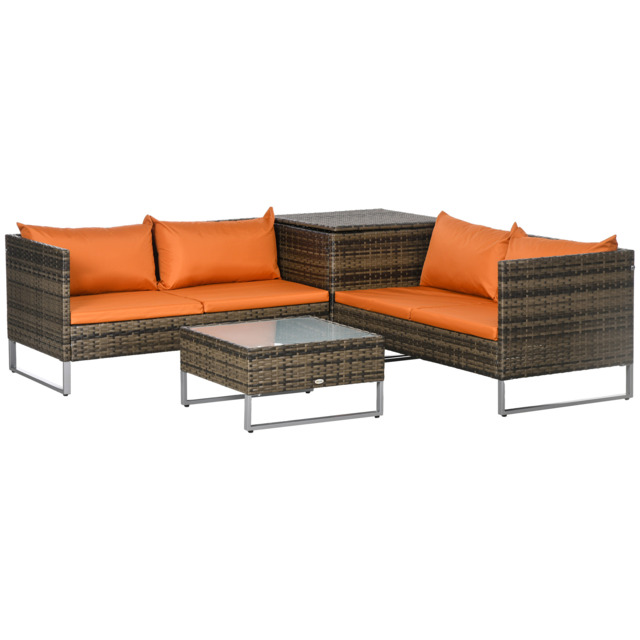 Outsunny 4pc Patio Furniture Set, Rattan Wicker Outdoor Corner Sofa Set with Love Seat, Table, Cushions, Orange - Aosom UK - image 1