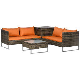 Outsunny 4pc Patio Furniture Set, Rattan Wicker Outdoor Corner Sofa Set with Love Seat, Table, Cushions, Orange - Aosom UK - thumbnail 1