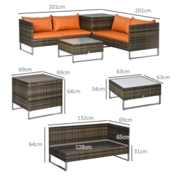 Outsunny 4pc Patio Furniture Set, Rattan Wicker Outdoor Corner Sofa Set with Love Seat, Table, Cushions, Orange - Aosom UK - thumbnail 3