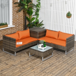 Outsunny 4pc Patio Furniture Set, Rattan Wicker Outdoor Corner Sofa Set with Love Seat, Table, Cushions, Orange - Aosom UK - thumbnail 2