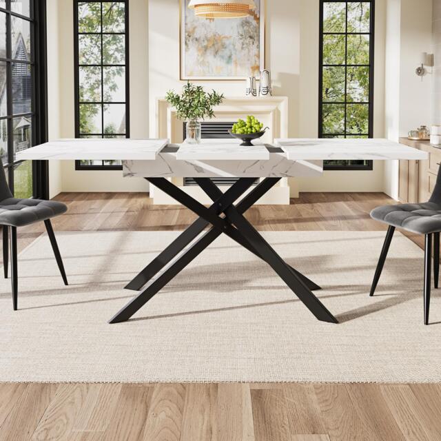 6–8 Seats Extendable Dining Table with Modern Crossed Iron Legs, Kitchen Table with Marbled MDF Top, 120-160L x 80W x 76.5H cm, White - Aosom UK - image 1