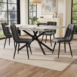 6–8 Seats Extendable Dining Table with Modern Crossed Iron Legs, Kitchen Table with Marbled MDF Top, 120-160L x 80W x 76.5H cm, White - Aosom UK - thumbnail 8
