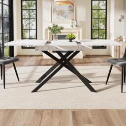 6–8 Seats Extendable Dining Table with Modern Crossed Iron Legs, Kitchen Table with Marbled MDF Top, 120-160L x 80W x 76.5H cm, White - Aosom UK