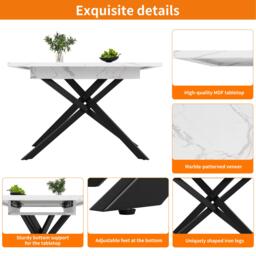 6–8 Seats Extendable Dining Table with Modern Crossed Iron Legs, Kitchen Table with Marbled MDF Top, 120-160L x 80W x 76.5H cm, White - Aosom UK - thumbnail 5