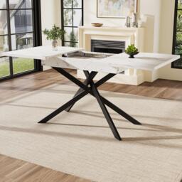 6–8 Seats Extendable Dining Table with Modern Crossed Iron Legs, Kitchen Table with Marbled MDF Top, 120-160L x 80W x 76.5H cm, White - Aosom UK - thumbnail 7