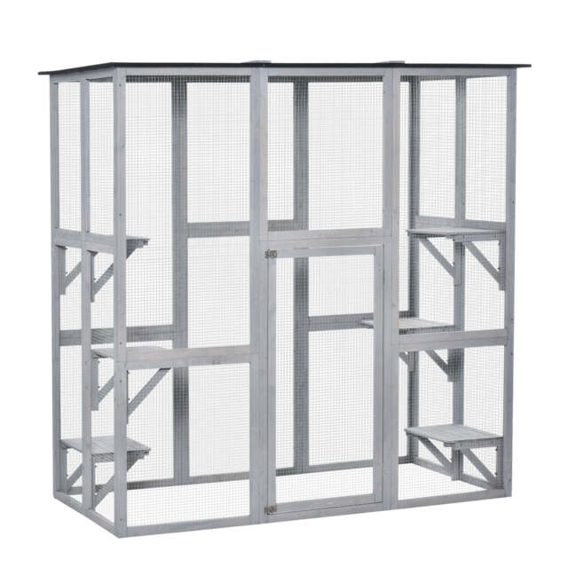 PawHut Wooden Catio Cat Outdoor Enclosure, Cat Cage with Waterproof Roof, Platforms, for Multiple Kittens, 180 x 98 x 180 cm