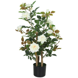 HOMCOM 90cm Artificial Rose Tree, Decorative Fake Plant with 344 Silk Leaves 17 Flowers for Outdoor Indoor Decor, White - thumbnail 1