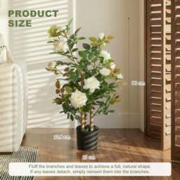 HOMCOM 90cm Artificial Rose Tree, Decorative Fake Plant with 344 Silk Leaves 17 Flowers for Outdoor Indoor Decor, White - thumbnail 3