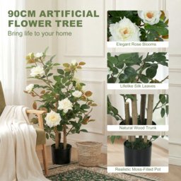 HOMCOM 90cm Artificial Rose Tree, Decorative Fake Plant with 344 Silk Leaves 17 Flowers for Outdoor Indoor Decor, White - thumbnail 5