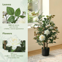 HOMCOM 90cm Artificial Rose Tree, Decorative Fake Plant with 344 Silk Leaves 17 Flowers for Outdoor Indoor Decor, White - thumbnail 4