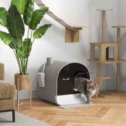 PawHut Hooded Cat Litter Box, Kitten Litter Tray, with Lid, Scoop, Filter, Flap Door, Light Grey - Aosom UK - thumbnail 2