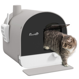 PawHut Hooded Cat Litter Box, Kitten Litter Tray, with Lid, Scoop, Filter, Flap Door, Light Grey - Aosom UK