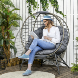 Outsunny Folding Rattan Egg Chair, Freestanding Basket Chair with Cushion, Bottle Holder Bag for Outdoor or Indoor, Grey and Black - thumbnail 2
