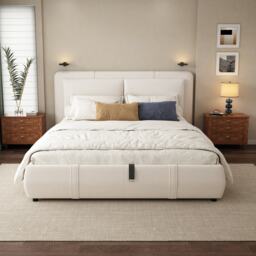 Upholstered Double Bed with Hydraulic Storage and Headboard, Full-Size Bed Ideal for Storing Bedding, 210L x 159W x 90H cm, Beige - Aosom UK - thumbnail 6
