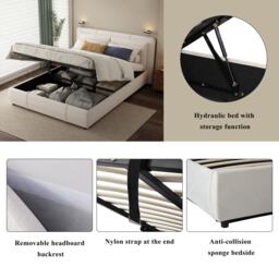 Upholstered Double Bed with Hydraulic Storage and Headboard, Full-Size Bed Ideal for Storing Bedding, 210L x 159W x 90H cm, Beige - Aosom UK - thumbnail 5