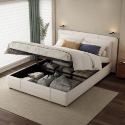 Upholstered Double Bed with Hydraulic Storage and Headboard, Full-Size Bed Ideal for Storing Bedding, 210L x 159W x 90H cm, Beige - Aosom UK - thumbnail 7