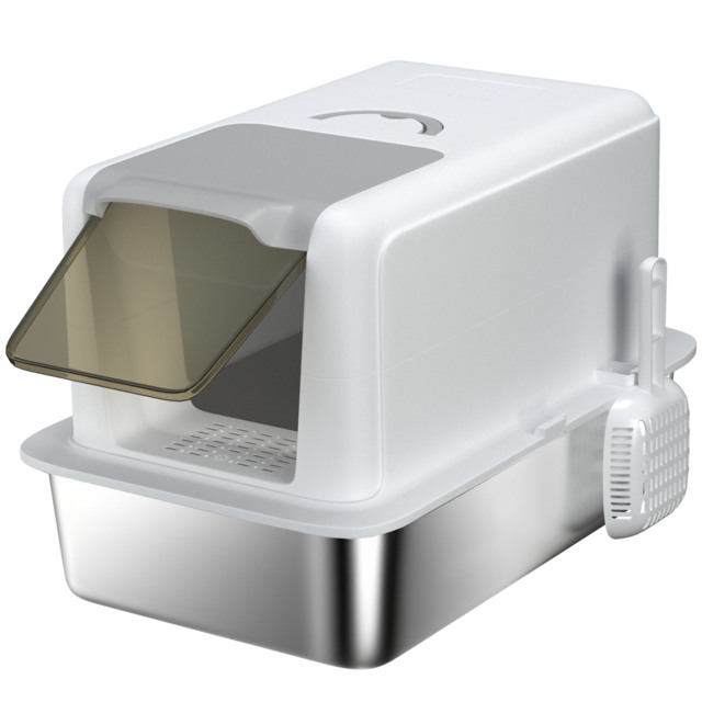 PawHut Stainless Steel Cat Litter Box with Removable Lid, Scoop, Filter Bags, for Larger Cats, White - image 1