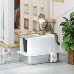PawHut Stainless Steel Cat Litter Box with Removable Lid, Scoop, Filter Bags, for Larger Cats, White - thumbnail 8