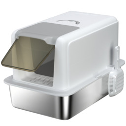 PawHut Stainless Steel Cat Litter Box with Removable Lid, Scoop, Filter Bags, for Larger Cats, White - thumbnail 1