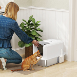 PawHut Stainless Steel Cat Litter Box with Removable Lid, Scoop, Filter Bags, for Larger Cats, White - thumbnail 2