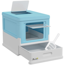 PawHut Hooded Cat Litter Box, Portable Pet Toilet, with Scoop, Front Entry - Light Blue - thumbnail 1