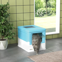 PawHut Hooded Cat Litter Box, Portable Pet Toilet, with Scoop, Front Entry - Light Blue - thumbnail 2