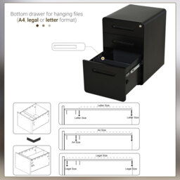 Vinsetto Fully Assembled 3-Drawer Mobile File Cabinet Lockable All-Metal Rolling Vertical File Cabinet Black - thumbnail 6