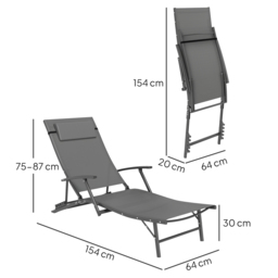 Outsunny Set of 2 Folding Sun Loungers for Garden, 4 Positions Adjustable Outdoor Chaise Lounge Chairs with Armrests, Pillows, Grey - thumbnail 3