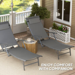 Outsunny Set of 2 Folding Sun Loungers for Garden, 4 Positions Adjustable Outdoor Chaise Lounge Chairs with Armrests, Pillows, Grey - thumbnail 6