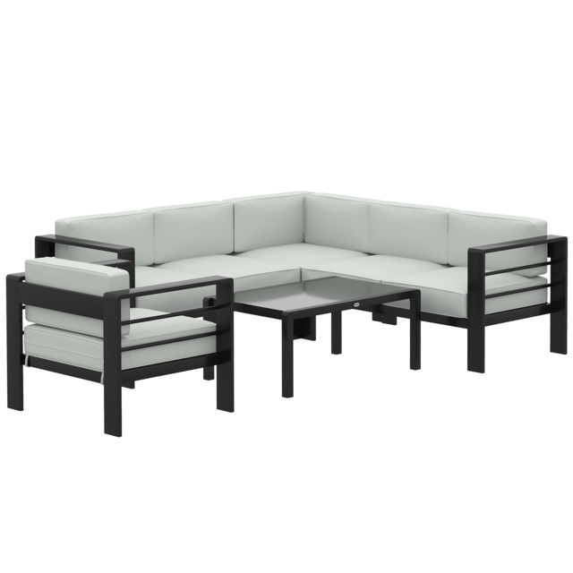 Outsunny 5-Piece Garden Corner Sofa Set with Cushions, 6 Seater Aluminium Garden Furniture Set with Coffee Table, Light Grey - image 1