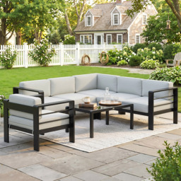 Outsunny 5-Piece Garden Corner Sofa Set with Cushions, 6 Seater Aluminium Garden Furniture Set with Coffee Table, Light Grey - thumbnail 7