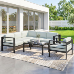 Outsunny 5-Piece Garden Corner Sofa Set with Cushions, 6 Seater Aluminium Garden Furniture Set with Coffee Table, Light Grey - thumbnail 2