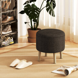HOMCOM Linen Fabric Ottoman Stool with Storage, Round Upholstered Foot Stool with Padded Seat, Wood Legs, Cream White. - Aosom UK - thumbnail 2