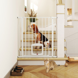 PawHut Adjustable Pet Gate with Cat Door, Pressure Fit Barrier for Doorway and Hallway, 75-85 cm, White - thumbnail 2