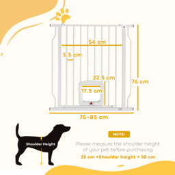 PawHut Adjustable Pet Gate with Cat Door, Pressure Fit Barrier for Doorway and Hallway, 75-85 cm, White - thumbnail 3