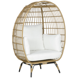 Outsunny PE Rattan Outdoor Egg Chair, Round Wicker Weave Teardrop Chair with Thick Padded Cushions for Sunroom, Garden, Khaki - thumbnail 1