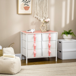 HOMCOM Storage Chest with 6 Fabric Drawers, Metal Frame Dresser with Wooden Top, Organiser for Bedroom or Nursery, Pink - Aosom UK - thumbnail 2